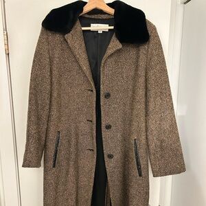 Jones New York Brown Herringbone Trench Coat with Black Faux Fur Collar